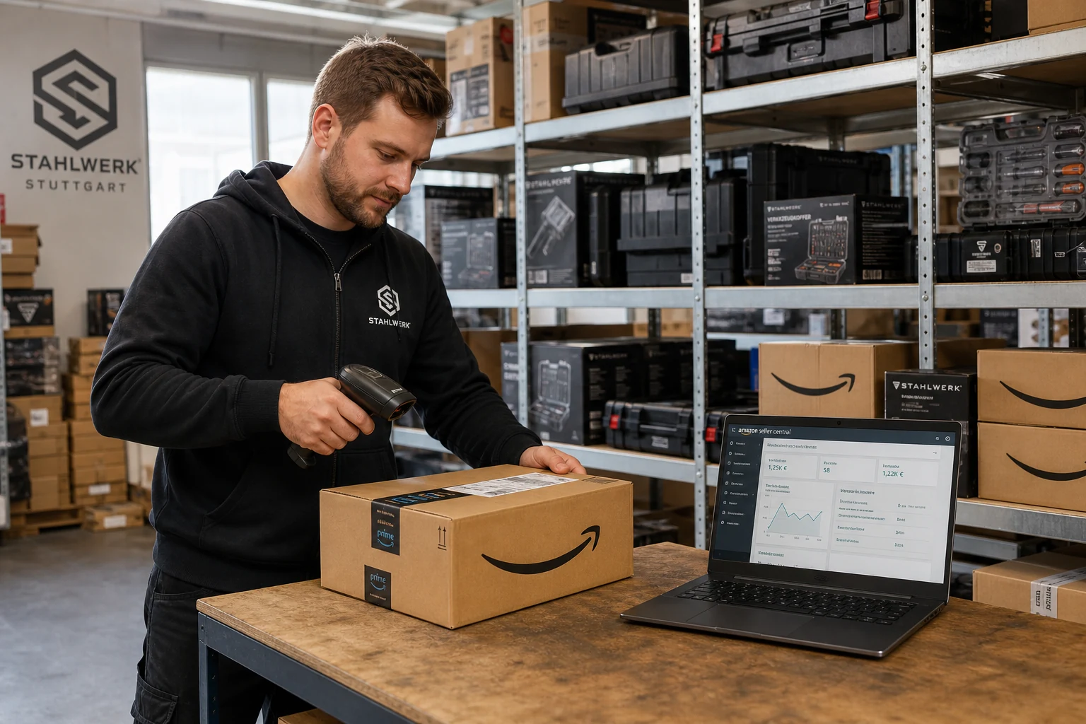 Ein kleines FBA-Lager einer deutschen Werkzeugmarke in Stuttgart, Regale voller Amazon-gekennzeichneter Kartons, eine Person scannt einen Barcode auf einem Paket mit einem Handscanner neben einem Laptop mit geöffnetem Seller Central