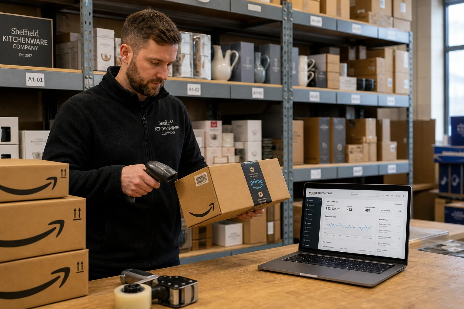 A small FBA warehouse for a UK kitchenware brand in Sheffield, shelves stocked with Amazon-branded boxes, a person scanning a barcode on a package with a handheld scanner beside a laptop showing Seller Central