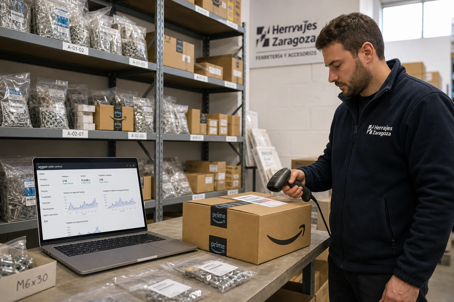 Un pequeño almacén FBA de una marca española de herrajes en Zaragoza, estanterías llenas de cajas con el logo de Amazon, una persona escaneando el código de barras de un paquete con un lector de mano junto a un portátil con Seller Central abierto