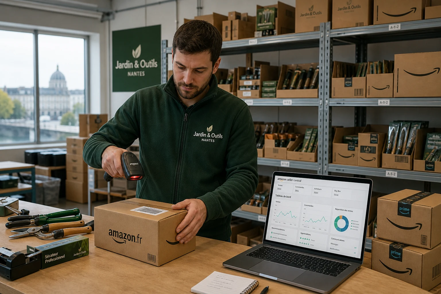 Un petit entrepôt FBA d'une marque française d'outils de jardin à Nantes, des étagères remplies de cartons floqués Amazon, une personne scannant un code-barres sur un colis avec un lecteur portable à côté d'un ordinateur portable affichant Seller Central