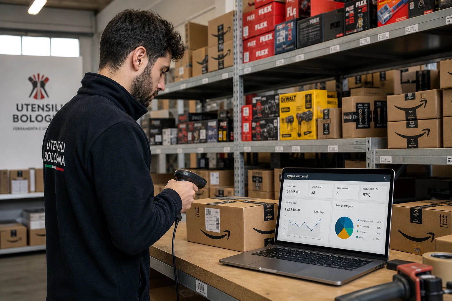 Un piccolo magazzino FBA di un marchio italiano di utensili a Bologna, scaffali pieni di scatole con il logo Amazon, una persona che scansiona il codice a barre di un pacco con uno scanner portatile accanto a un laptop con Seller Central aperto