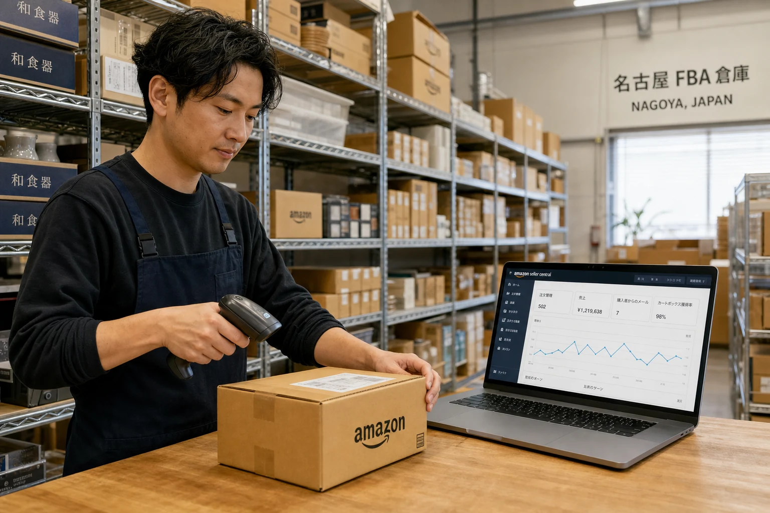 名古屋にある日本のキッチン用品ブランドのFBA倉庫、Amazonのロゴが入った箱でいっぱいの棚、Seller Centralが表示されたノートパソコンの横でハンディスキャナーを使って荷物のバーコードをスキャンしている人
