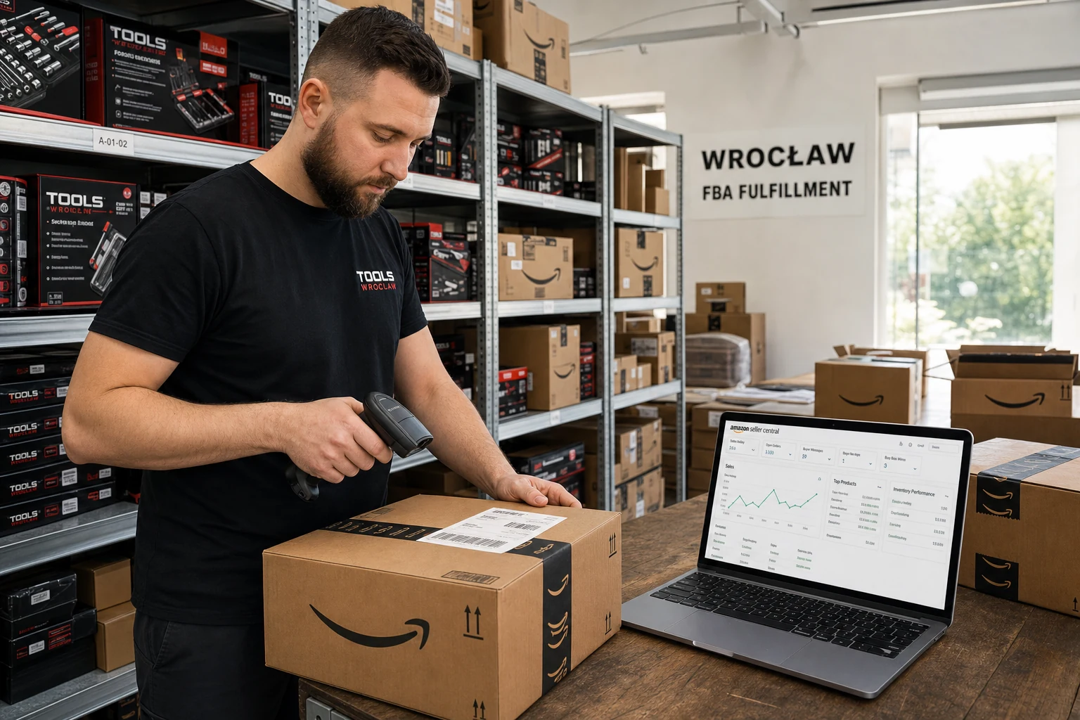 Mały magazyn FBA polskiej marki narzędzi we Wrocławiu, półki pełne kartonów z logo Amazon, osoba skanująca kod kreskowy na paczce ręcznym skanerem obok laptopa z otwartym Seller Central