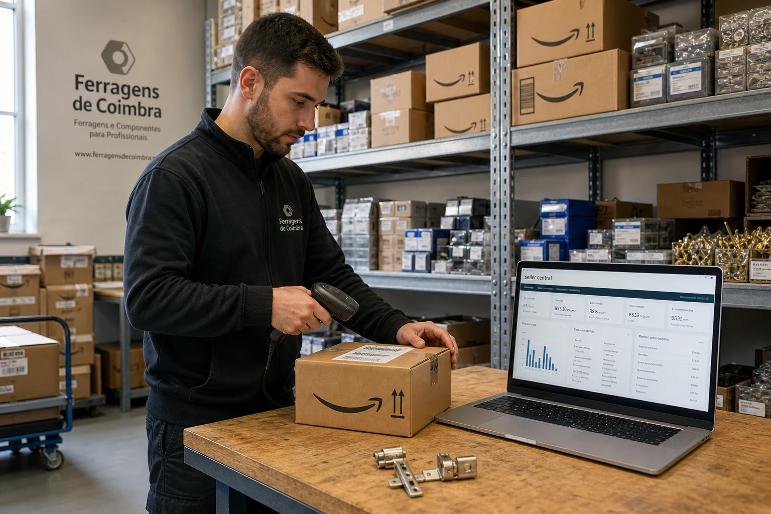 Um pequeno armazém FBA de uma marca portuguesa de ferragens em Coimbra, prateleiras cheias de caixas com o logótipo da Amazon, uma pessoa a ler o código de barras de uma encomenda com um leitor portátil ao lado de um portátil com o Seller Central aberto