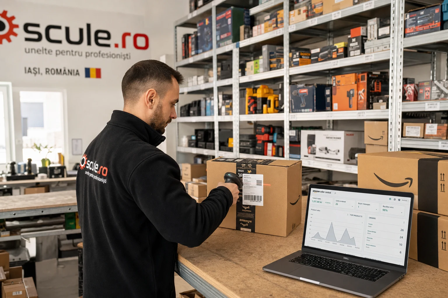 Un mic depozit FBA al unui brand românesc de unelte în Iași, rafturi pline cu cutii inscripționate Amazon, o persoană scanând codul de bare al unui colet cu un scanner portabil lângă un laptop cu Seller Central deschis