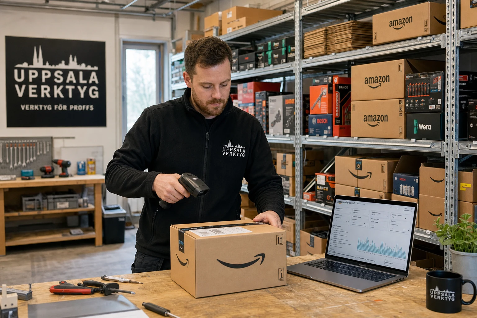 Ett litet FBA-lager för ett svenskt verktygsmärke i Uppsala, hyllor fulla med Amazon-märkta kartonger, en person som skannar streckkoden på ett paket med en handskanner bredvid en laptop med Seller Central öppet