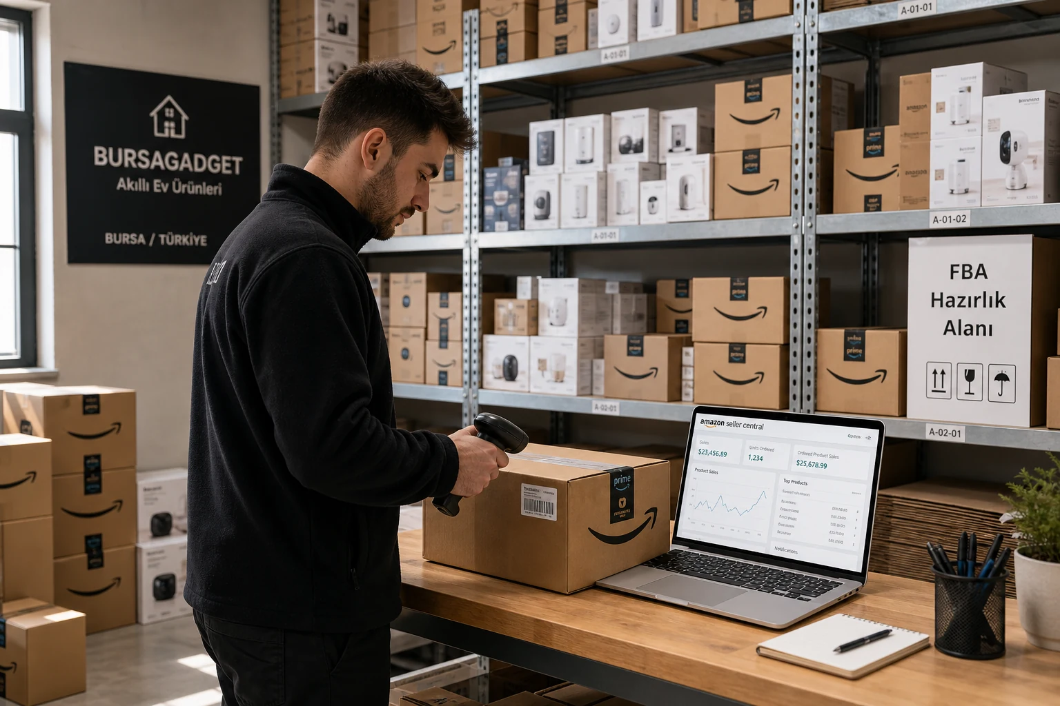Bursa'da bir Türk ev aletleri markasının FBA deposu, Amazon logolu kutularla dolu raflar, Seller Central'in açık olduğu bir dizüstü bilgisayarın yanında el tipi tarayıcıyla bir paketin barkodunu okutan bir kişi