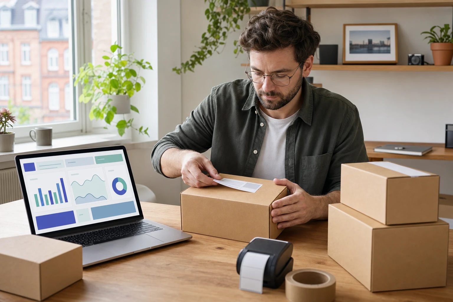 W-8BEN für Amazon-Verkäufer — ein Heimbüro in Bremen mit ein paar verpackten, markenlosen Versandkartons auf einem Tisch, ein Laptop mit einer abstrakten Seller-Central-ähnlichen Übersicht daneben und ein tragbarer Etikettendrucker in Reichweite
