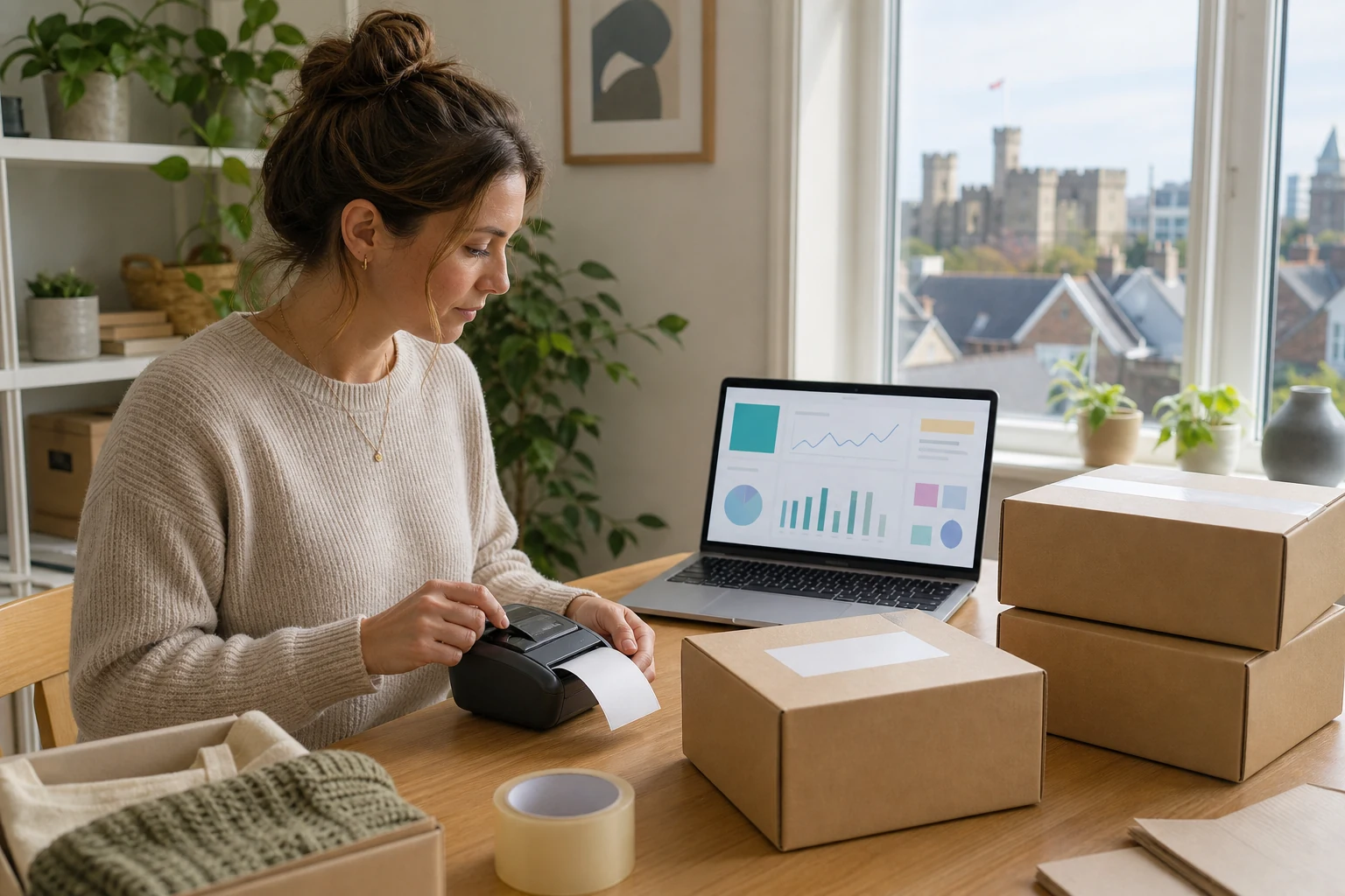 W-8BEN for Amazon sellers — a home office in Cardiff with a few packed unbranded shipping boxes on a table, a laptop showing an abstract Seller Central-style dashboard, and a handheld label printer nearby