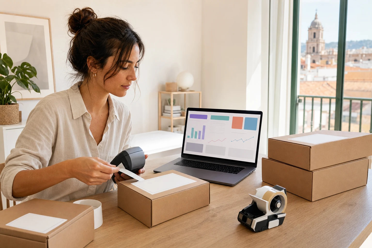W-8BEN para vendedores de Amazon — una oficina en casa en Málaga con algunas cajas de envío sin marca ya embaladas sobre una mesa, un portátil mostrando un panel abstracto tipo Seller Central al lado y una impresora de etiquetas portátil cerca