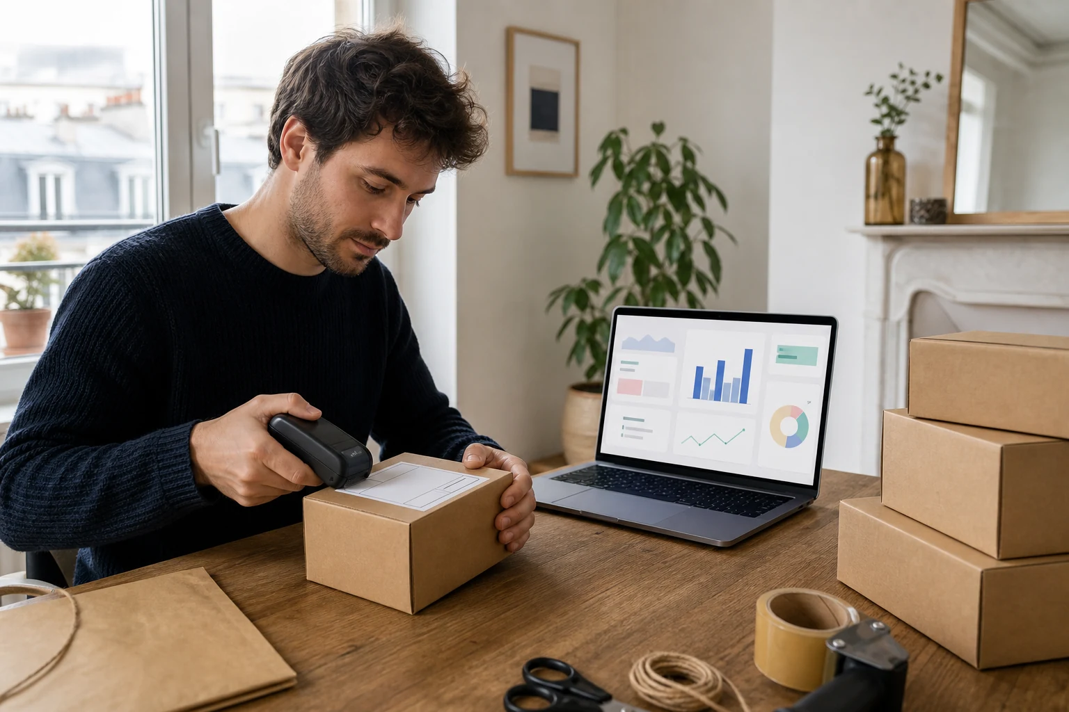 W-8BEN pour les vendeurs Amazon — un bureau à domicile à Rennes avec quelques cartons d'expédition sans marque emballés sur une table, un ordinateur portable affichant un tableau de bord abstrait de type Seller Central juste à côté, et une imprimante d'étiquettes portable à proximité