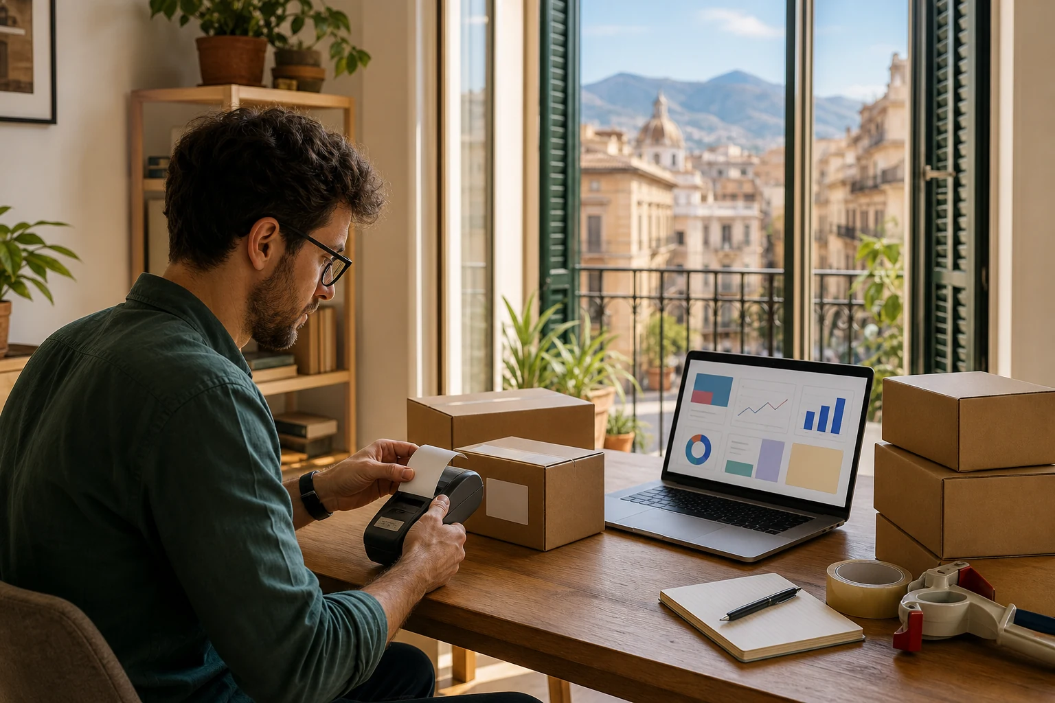 W-8BEN per i venditori Amazon — un ufficio in casa a Palermo con alcune scatole di spedizione senza marchio già imballate su un tavolo, un portatile che mostra una dashboard astratta in stile Seller Central accanto e una stampante di etichette portatile lì vicino