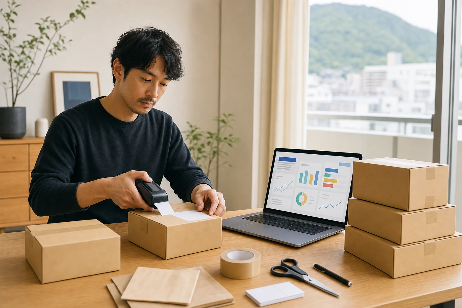 神戸の自宅オフィスでW-8BENを準備するAmazon出品者 — テーブルに梱包済みの無地の発送用段ボール箱が数個置かれ、隣に抽象的なセラーセントラル風のダッシュボードを表示したノートパソコン、近くにハンディラベルプリンター