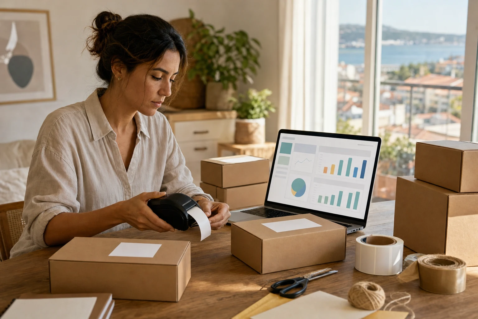 W-8BEN para vendedores da Amazon — um escritório em casa em Setúbal com algumas caixas de envio sem marca já embaladas sobre uma mesa, um portátil mostrando um painel abstrato ao estilo Seller Central ao lado e uma impressora de etiquetas portátil por perto