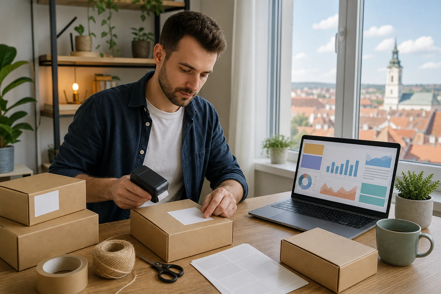 W-8BEN pentru vânzătorii Amazon — un birou acasă la Oradea cu câteva cutii de expediere fără marcă deja împachetate pe o masă, un laptop afișând un tablou de bord abstract în stil Seller Central alături și o imprimantă portabilă de etichete în apropiere