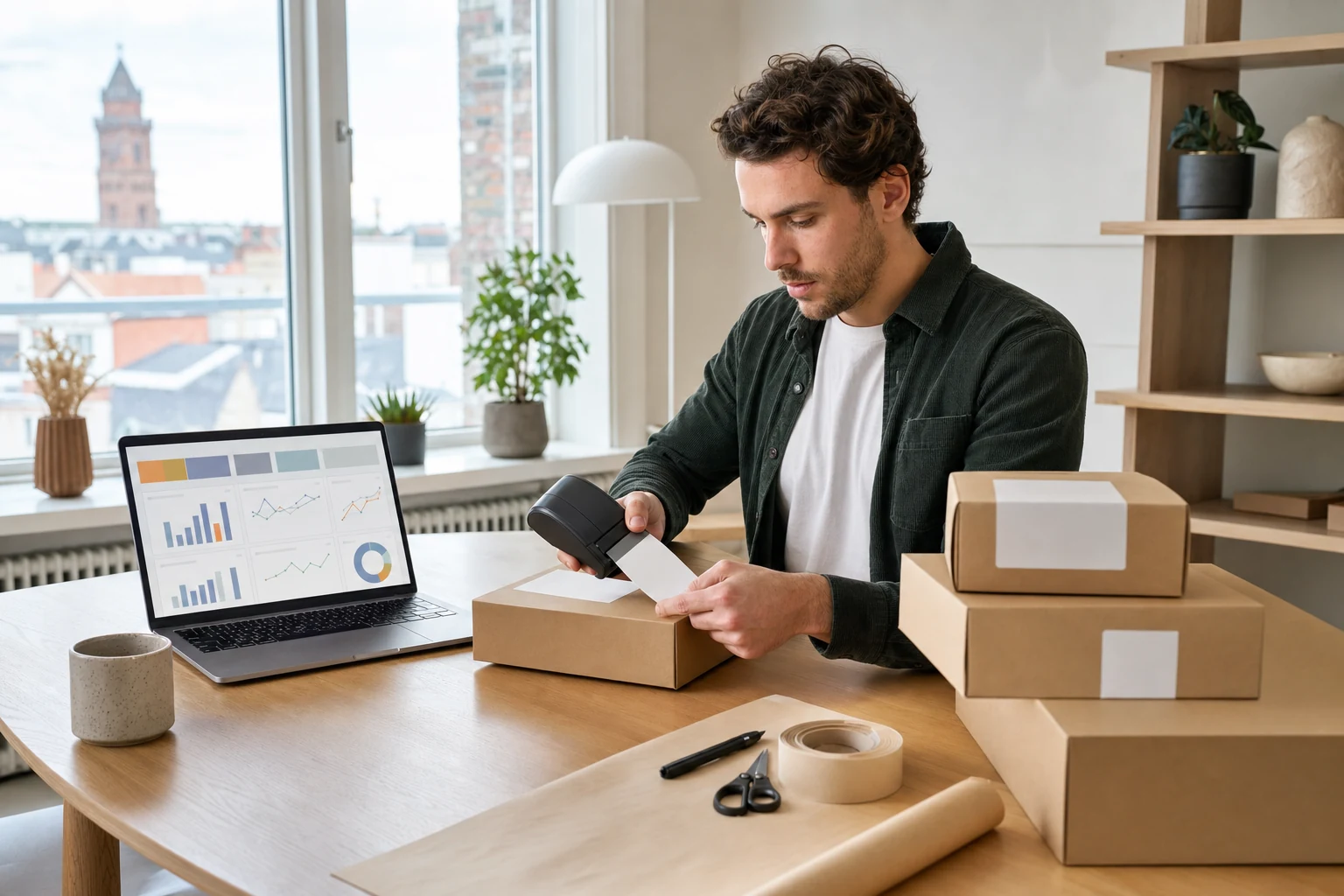 W-8BEN för Amazon-säljare — ett hemmakontor i Helsingborg med några packade omärkta fraktkartonger på ett bord, en bärbar dator med en abstrakt Seller Central-liknande översikt bredvid och en bärbar etikettskrivare i närheten
