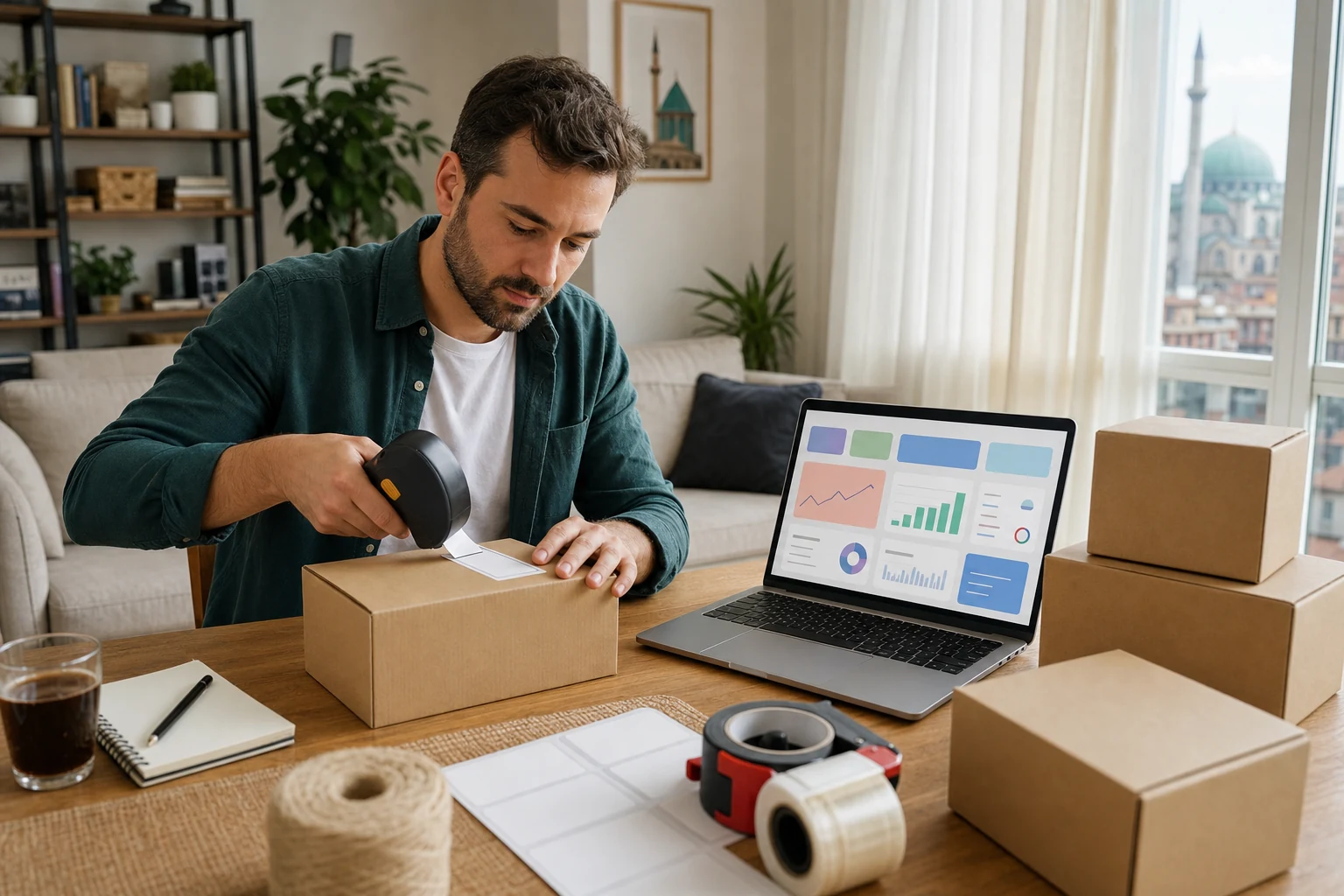 Amazon satıcıları için W-8BEN — Konya'da bir ev ofisi, masada birkaç paketlenmiş markasız kargo kutusu, yanında soyut bir Seller Central tarzı panel gösteren dizüstü bilgisayar ve yakında taşınabilir bir etiket yazıcısı
