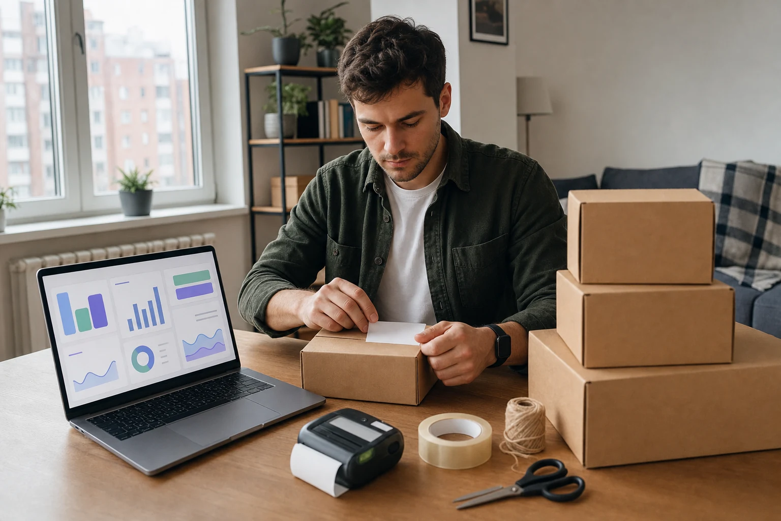 W-8BEN для продавців Amazon — домашній офіс у Житомирі з кількома запакованими небрендованими коробками для відправлення на столі, поруч ноутбук з абстрактною панеллю у стилі Seller Central і портативний принтер етикеток неподалік