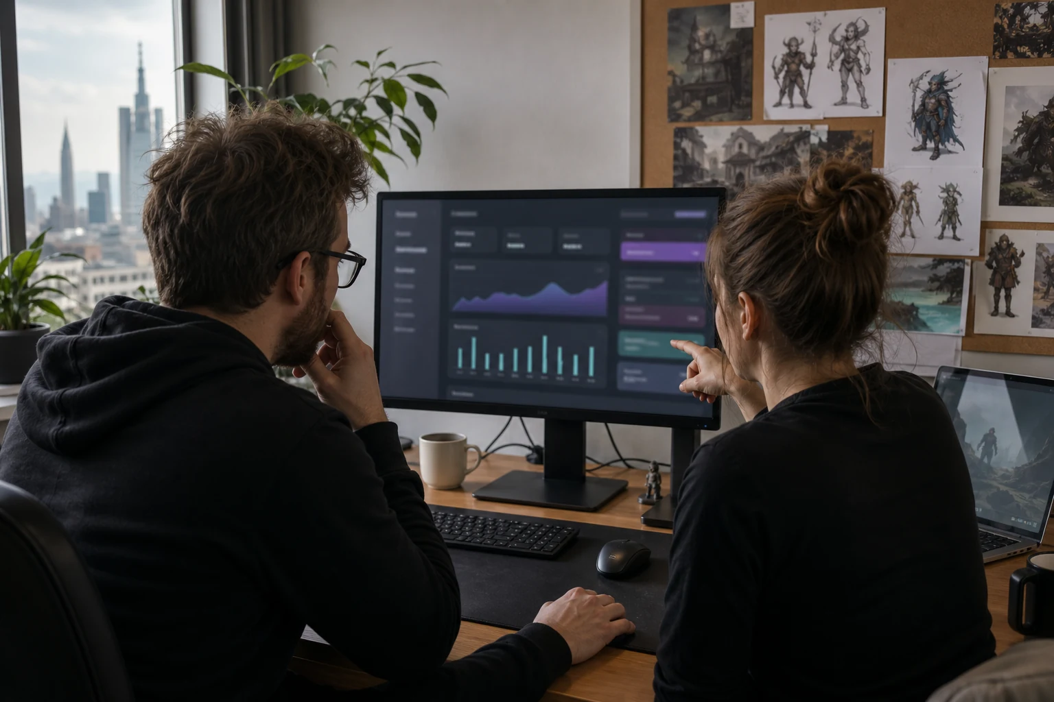 W-8BEN-E für App-Studios — ein kleines Indie-Spielestudio in Frankfurt, zwei Entwickler prüfen ein App-Store-Connect-Tantiemen-Dashboard auf einem großen Monitor, daneben hängt Konzeptkunst für ein Spiel