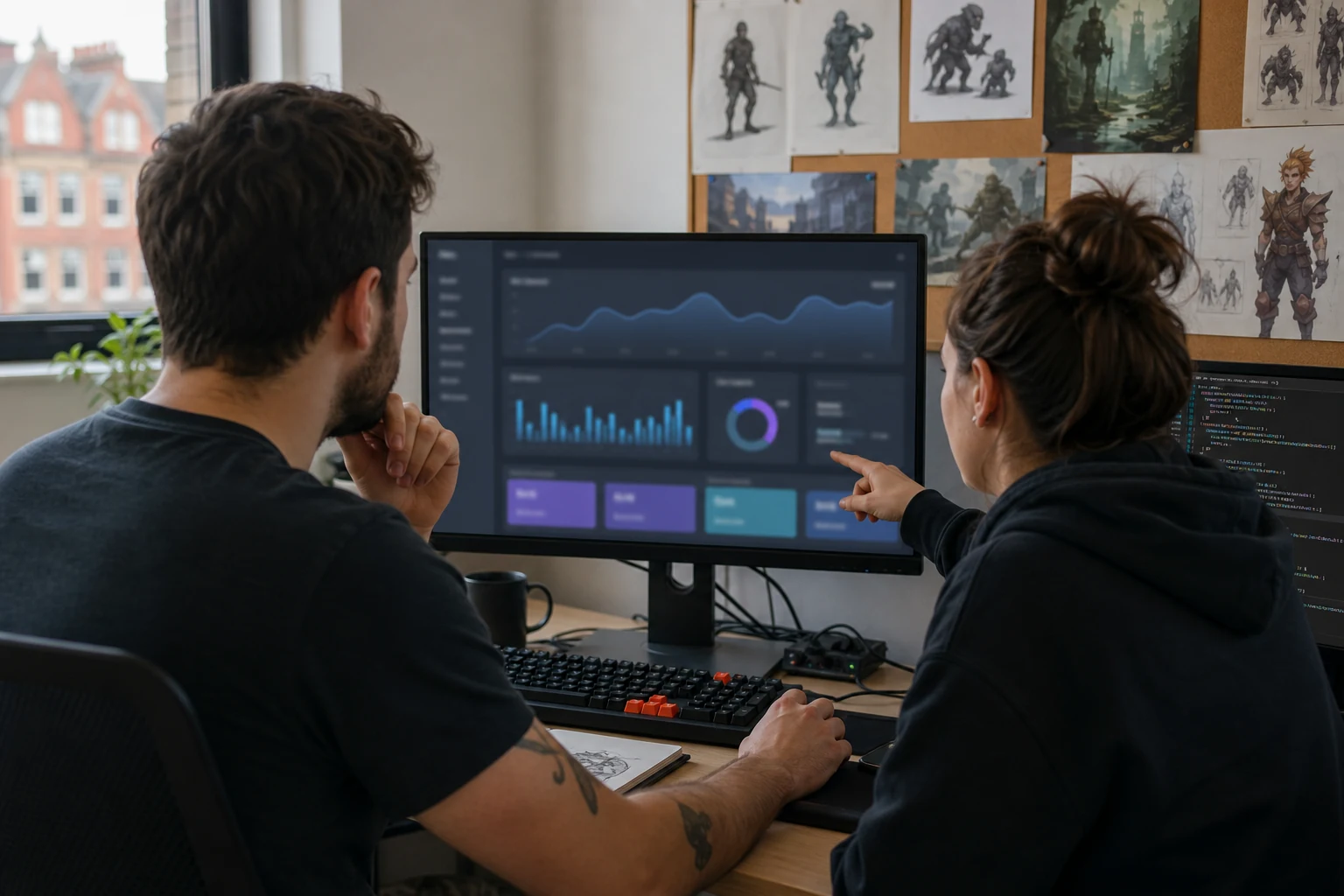 W-8BEN-E for app studios — a small indie game studio in Cardiff, two developers reviewing an App Store Connect royalty payout dashboard on a large monitor with game concept art pinned nearby