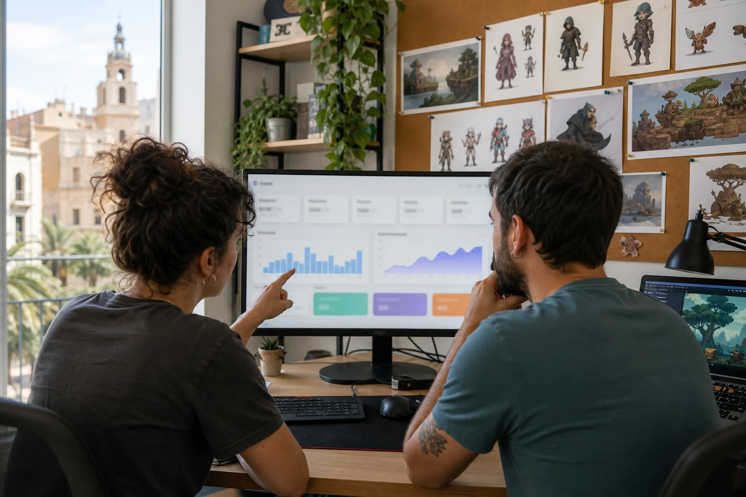 W-8BEN-E para estudios de aplicaciones — un pequeño estudio de videojuegos independiente en Valencia, dos desarrolladores revisando un panel de regalías de App Store Connect en un monitor grande, con arte conceptual de un juego cerca