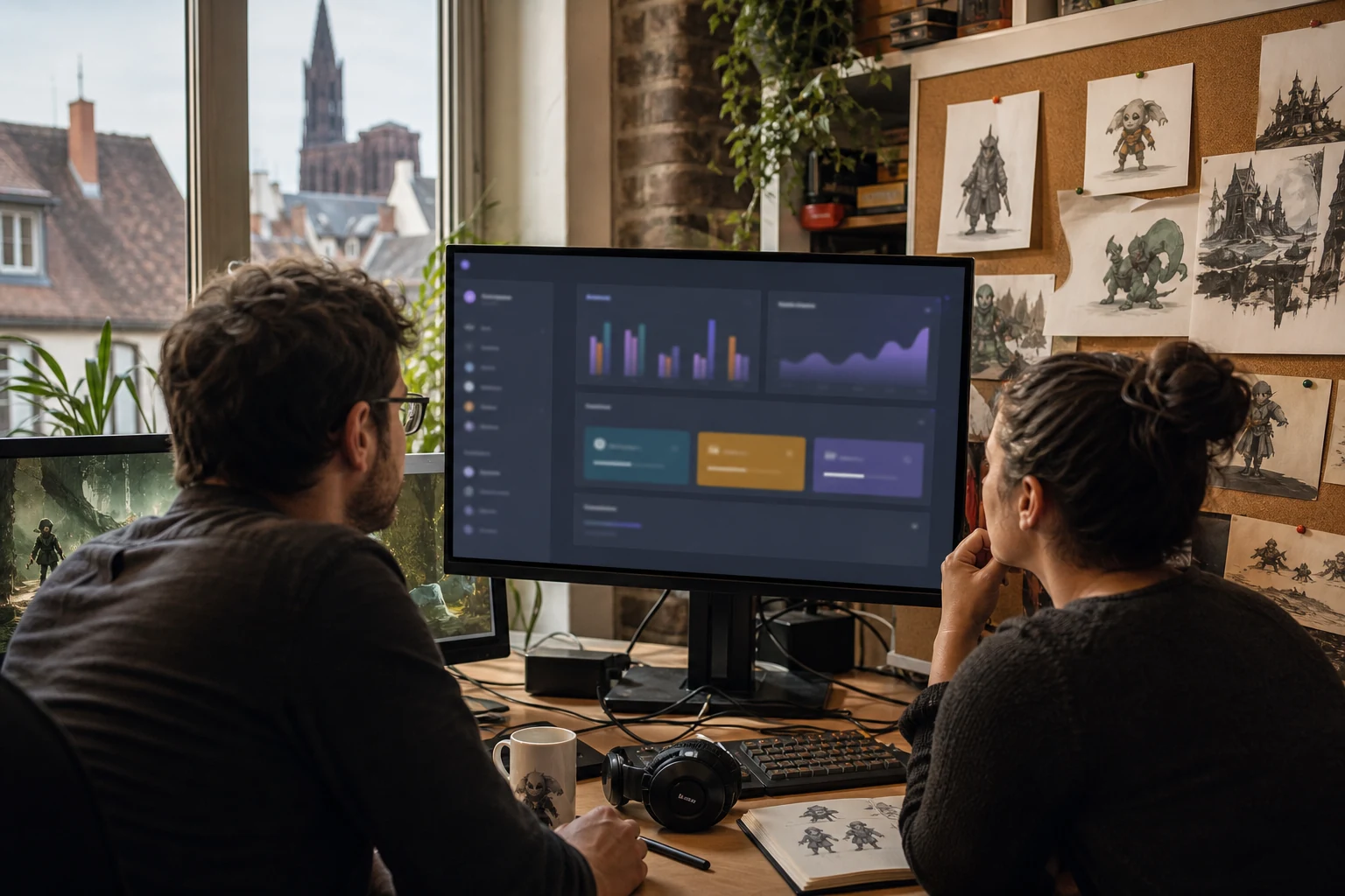 W-8BEN-E pour les studios d'applications — un petit studio de jeux indépendant à Strasbourg, deux développeurs consultant un tableau de bord de redevances App Store Connect sur un grand écran, avec des illustrations conceptuelles de jeu épinglées à proximité