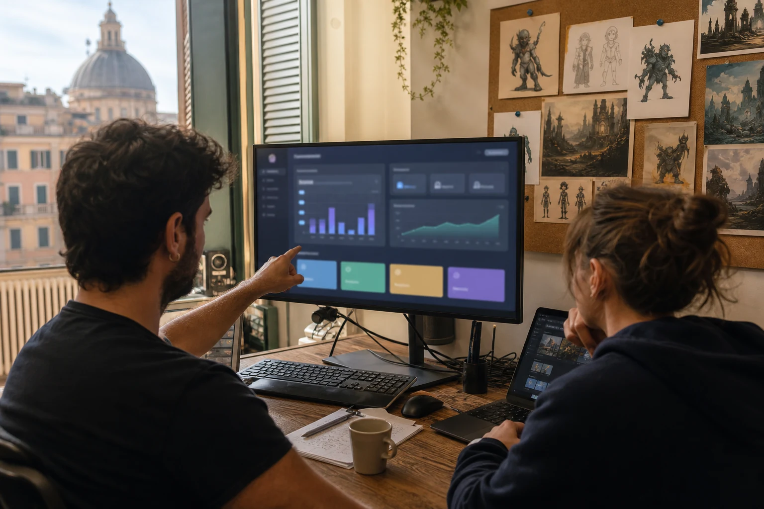 W-8BEN-E per studi di sviluppo app — un piccolo studio di videogiochi indipendente a Genova, due sviluppatori che consultano una dashboard di royalty di App Store Connect su un grande monitor, con concept art di un gioco appesa vicino