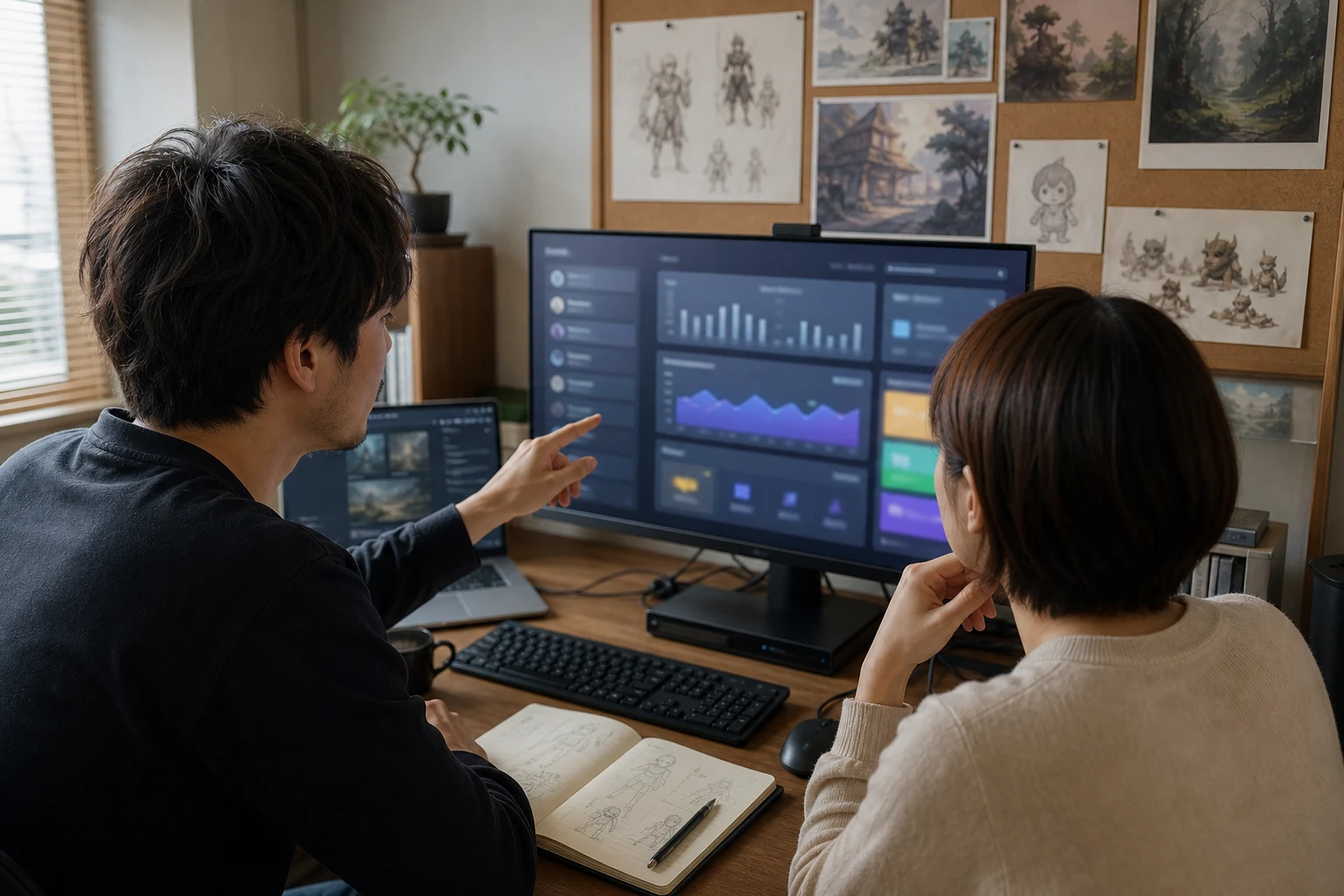 アプリスタジオ向けW-8BEN-E — 仙台の小さなインディーゲームスタジオで、2人の開発者が大きなモニターでApp Store Connectのロイヤルティ支払いダッシュボードを確認している様子、近くにゲームのコンセプトアートが貼られている
