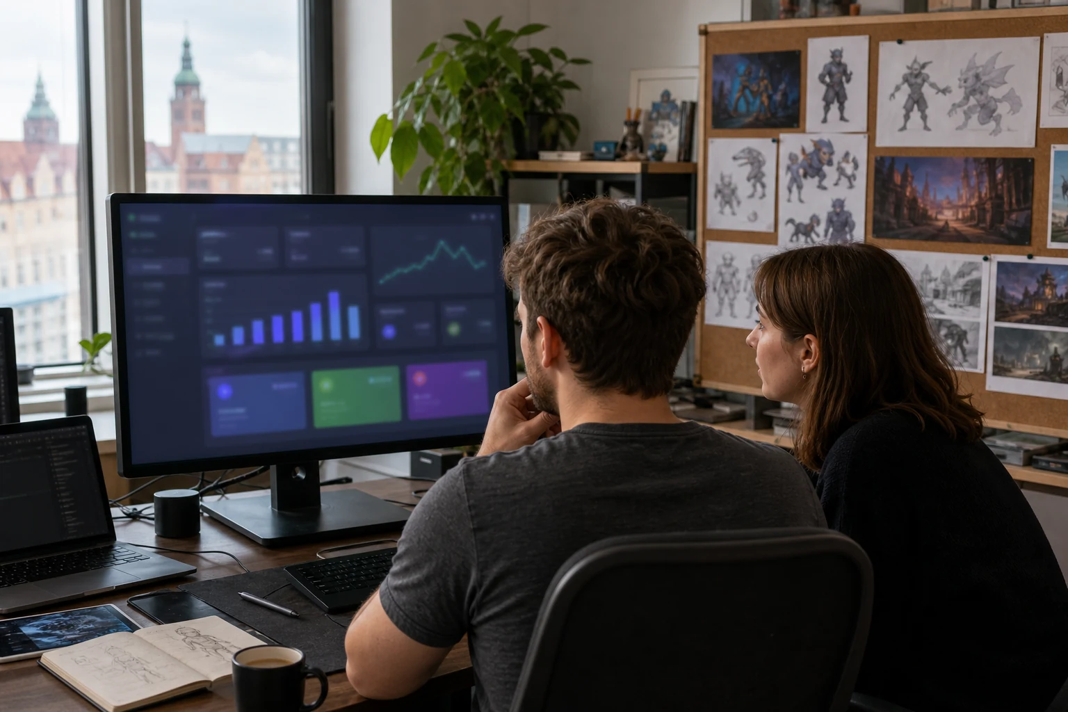 W-8BEN-E dla studiów deweloperskich aplikacji — małe niezależne studio gier w Szczecinie, dwóch deweloperów sprawdzających panel wypłat tantiem App Store Connect na dużym monitorze, obok przypięta grafika koncepcyjna gry