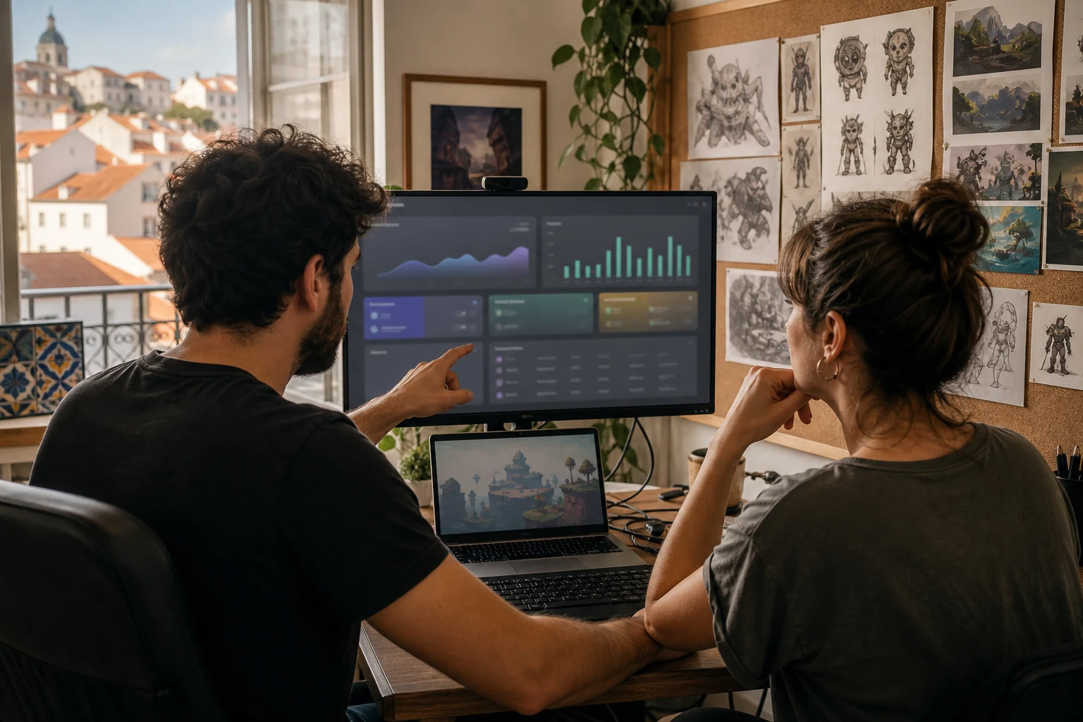 W-8BEN-E para estúdios de aplicações — um pequeno estúdio de jogos independente em Lisboa, dois programadores a analisar um painel de royalties do App Store Connect num monitor grande, com arte conceptual de um jogo afixada perto