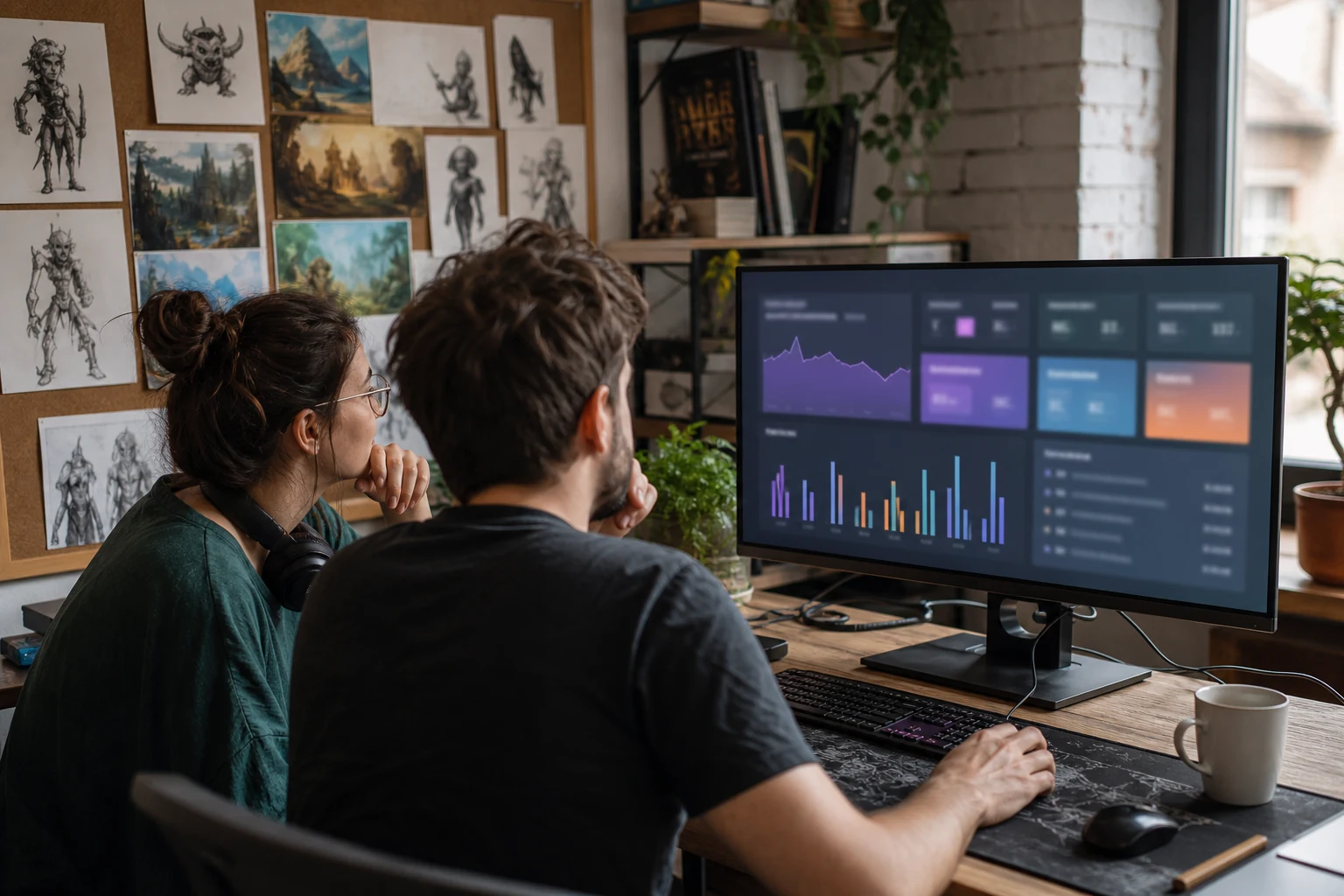 W-8BEN-E pentru studiouri de aplicații — un mic studio independent de jocuri din Oradea, doi dezvoltatori verificând un tablou de bord al redevențelor App Store Connect pe un monitor mare, cu artă conceptuală de joc afișată alături