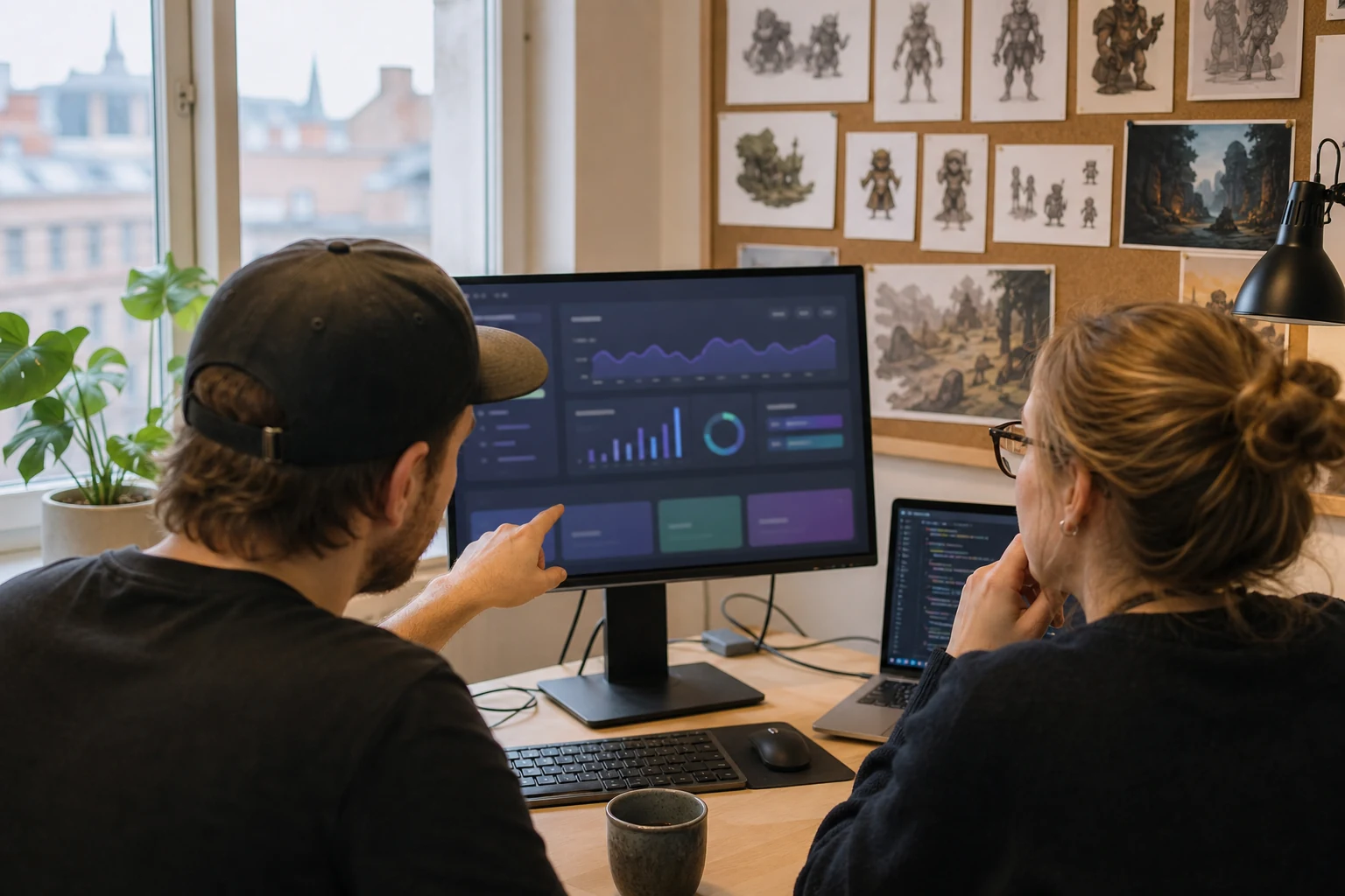 W-8BEN-E för appstudior — en liten indiespelstudio i Lund, två utvecklare granskar en App Store Connect-royaltydashboard på en stor skärm, med konceptkonst för ett spel uppsatt i närheten