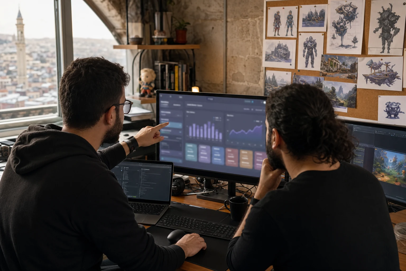 Uygulama stüdyoları için W-8BEN-E — Gaziantep'te küçük bir bağımsız oyun stüdyosu, iki geliştiricinin büyük bir monitörde App Store Connect telif ödemesi panosunu incelemesi, yanında oyun konsept sanatı asılı