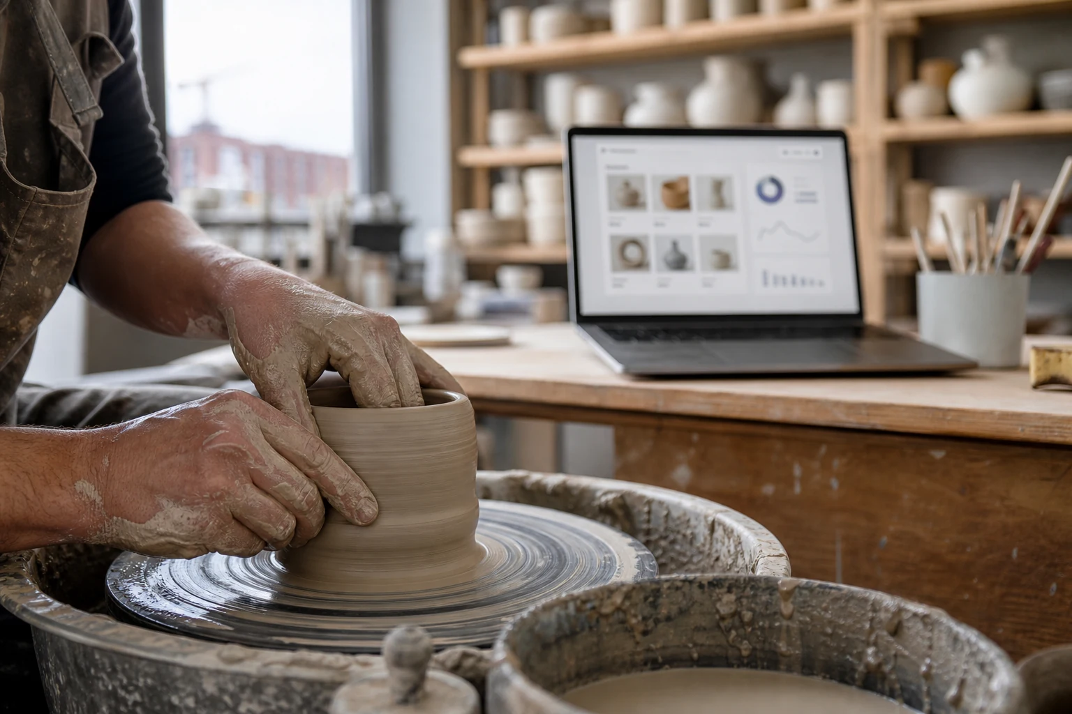 W-8BEN-E für Etsy-Unternehmen — ein kleines Keramikstudio in Hamburg, die Hände einer Töpferin formen Ton auf einer Töpferscheibe neben einem Laptop mit einem Etsy-Shop-Dashboard