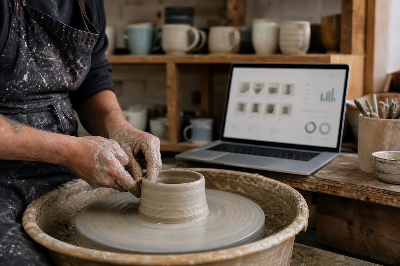 W-8BEN-E for Etsy companies — a small ceramics studio in Norwich, a potter's hands shaping clay on a wheel next to a laptop showing an Etsy shop dashboard