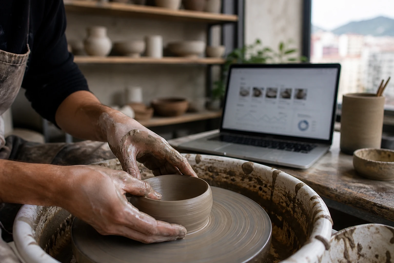 W-8BEN-E para empresas de Etsy — un pequeño taller de cerámica en Bilbao, las manos de una ceramista modelando arcilla en un torno junto a un portátil con un panel de la tienda de Etsy