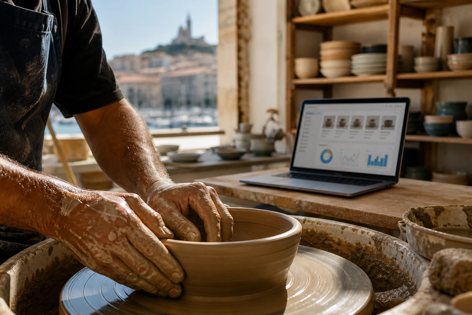 W-8BEN-E pour les entreprises Etsy — un petit atelier de céramique à Marseille, les mains d'une potière façonnant l'argile sur un tour à côté d'un ordinateur portable affichant un tableau de bord de boutique Etsy