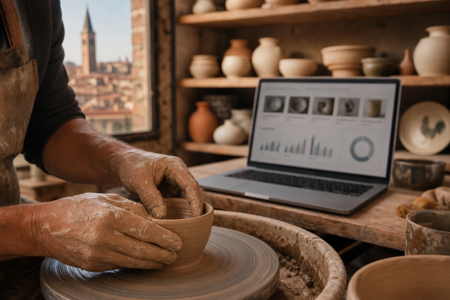 W-8BEN-E per aziende Etsy — una piccola bottega di ceramica a Verona, le mani di una ceramista modellano l'argilla su un tornio accanto a un laptop con la dashboard di un negozio Etsy
