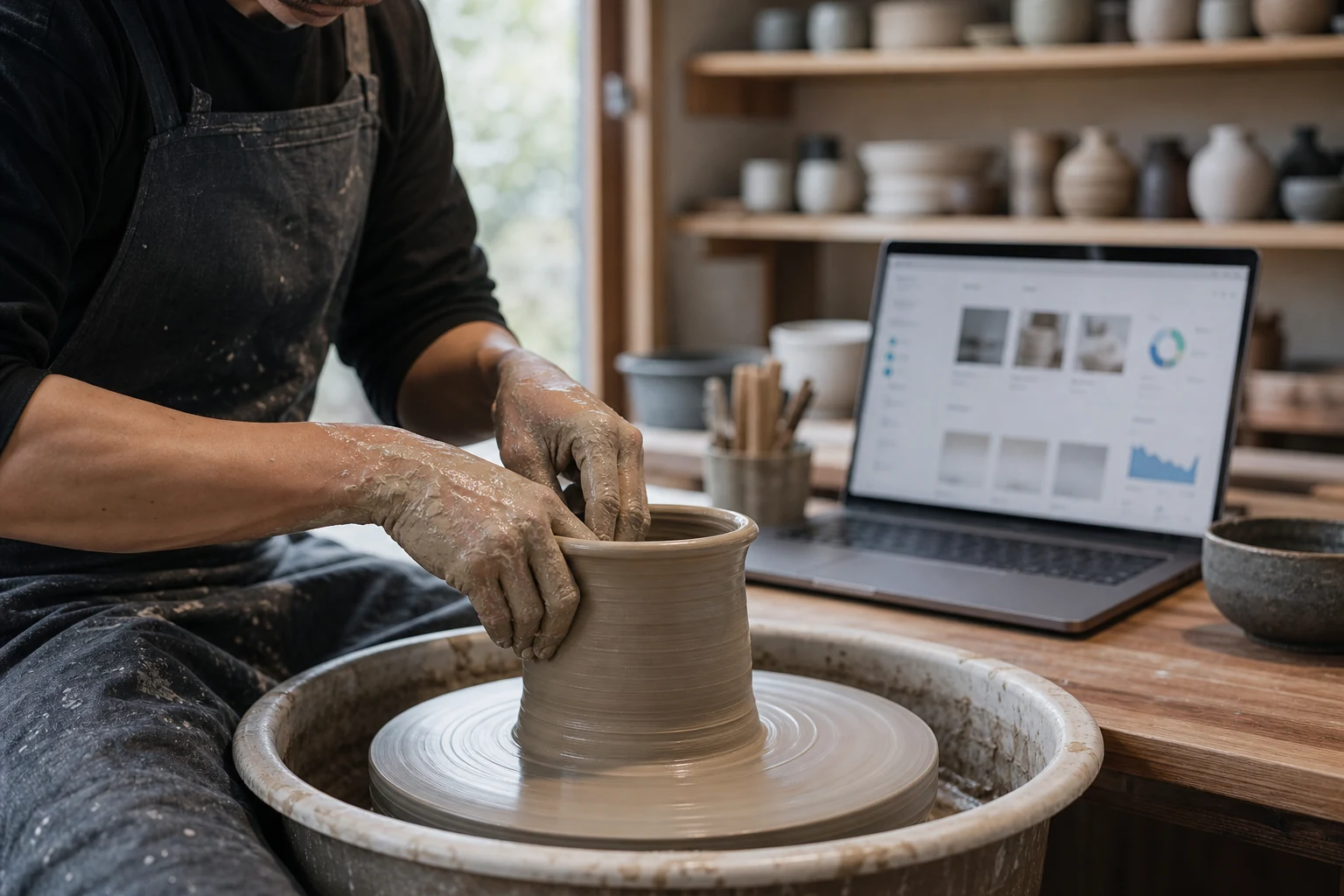 Etsy企業向けW-8BEN-E — 横浜の小さな陶芸工房で、陶芸家の手がろくろで粘土を成形している様子、隣にEtsyショップのダッシュボードを表示したノートパソコンが置かれている