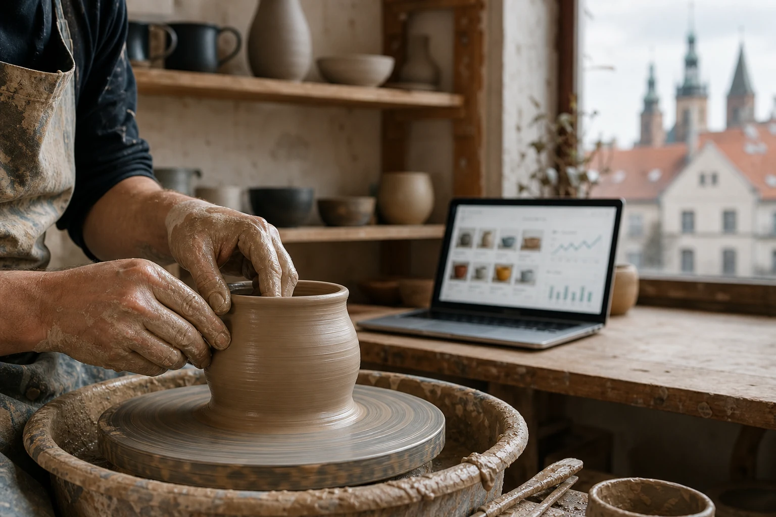 W-8BEN-E dla firm na Etsy — małe studio ceramiczne w Krakowie, dłonie garncarki formujące glinę na kole garncarskim obok laptopa z panelem sklepu Etsy