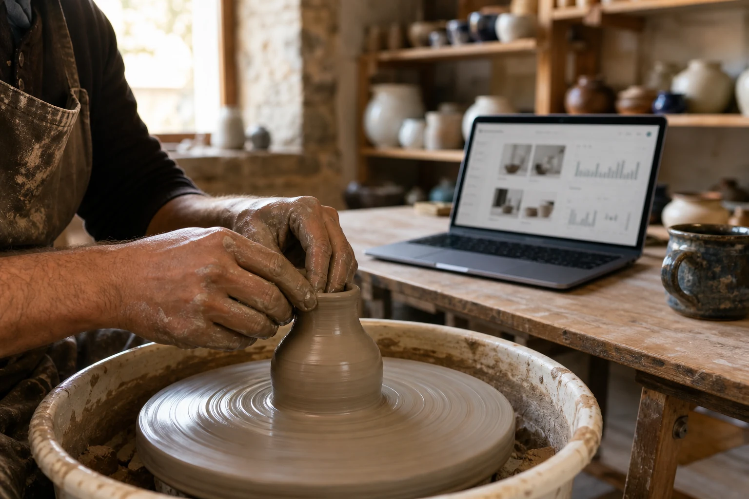 W-8BEN-E para empresas Etsy — um pequeno atelier de cerâmica em Viseu, as mãos de uma ceramista a moldar barro num torno junto a um portátil com um painel de loja Etsy