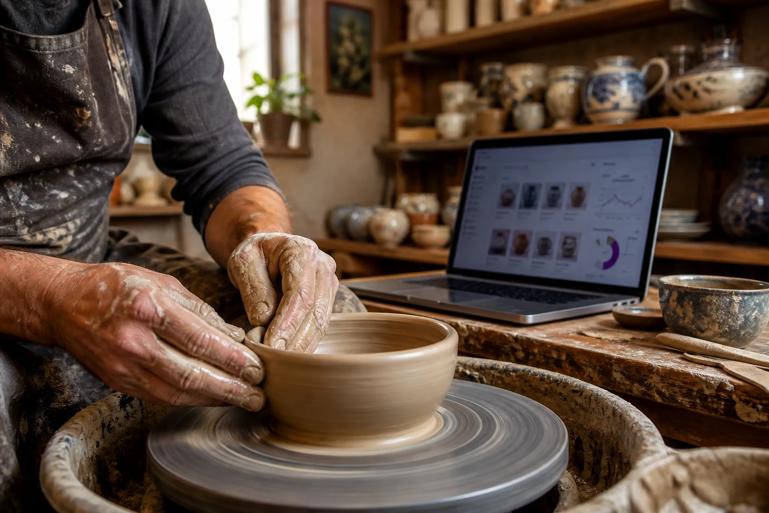 W-8BEN-E pentru companii pe Etsy — un mic atelier de ceramică din Brașov, mâinile unei ceramiste modelând lutul pe o roată de olărit lângă un laptop cu tabloul de bord al unui magazin Etsy