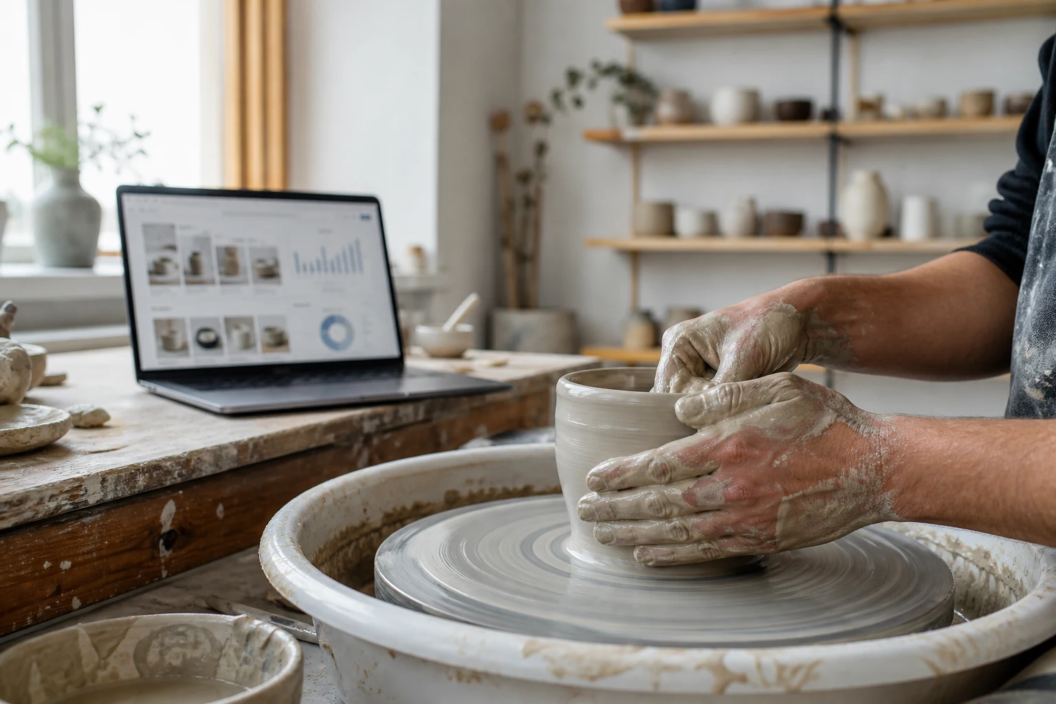 W-8BEN-E för Etsy-företag — en liten keramikverkstad i Göteborg, en keramikers händer som formar lera på en drejskiva bredvid en bärbar dator med en Etsy-butiksdashboard