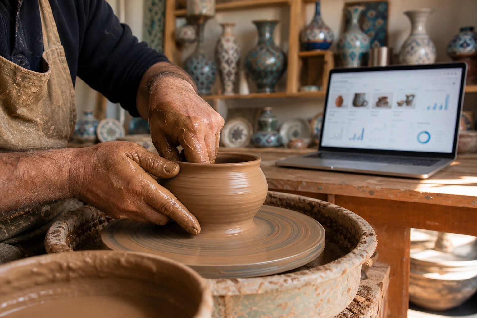 Etsy şirketleri için W-8BEN-E — Konya'da küçük bir seramik atölyesi, bir çömlekçinin ellerinin çömlekçi çarkında kil şekillendirmesi, yanında bir Etsy mağaza panosunu gösteren dizüstü bilgisayar