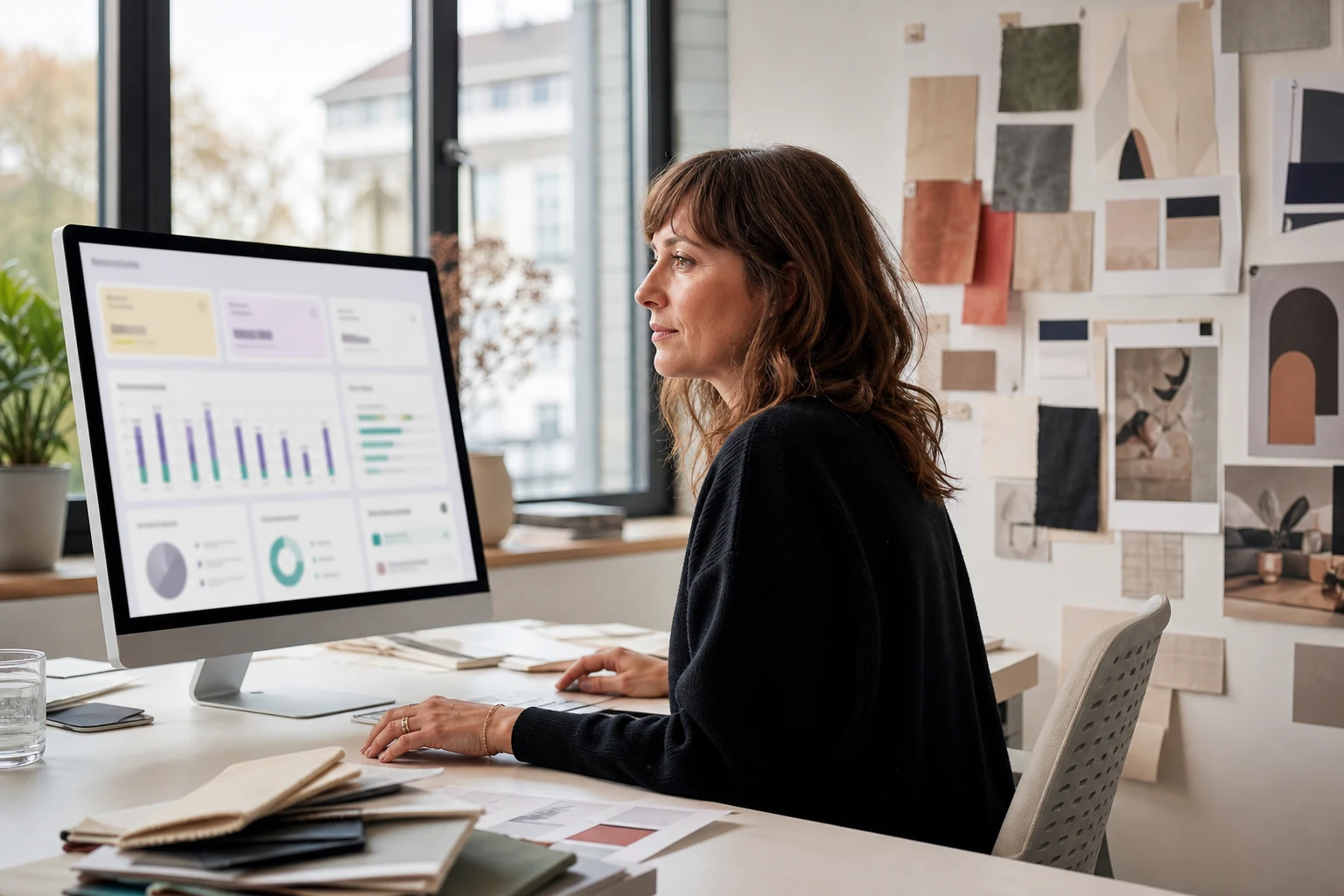 W-8BEN-E für Fiverr-Agenturen — eine Kreativdirektorin einer kleinen Marketingagentur in Augsburg prüft ein Fiverr-Business-Auszahlungs-Dashboard auf einem großen Monitor, daneben hängt ein Moodboard mit Stoffmustern und Branding-Mockups