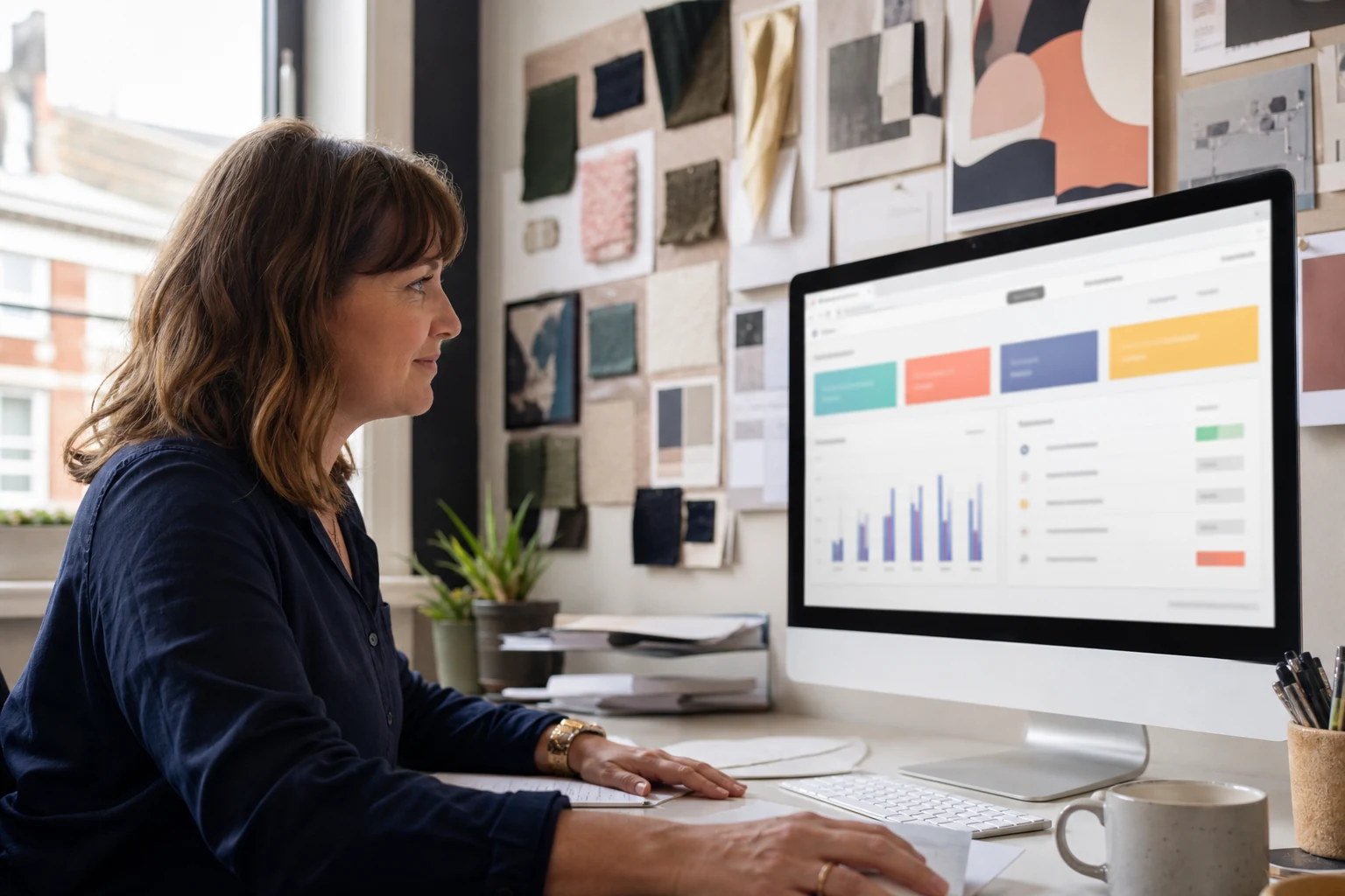 W-8BEN-E for Fiverr agencies — a creative director at a small marketing agency in Preston reviewing a Fiverr Business payout dashboard on a large monitor, a moodboard with fabric swatches and brand mockups pinned nearby