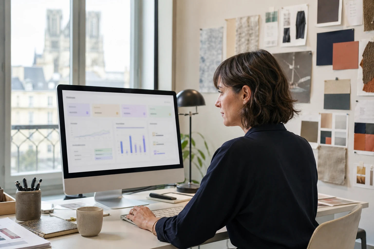W-8BEN-E pour les agences Fiverr — une directrice de création d'une petite agence marketing à Reims consultant un tableau de bord des versements Fiverr Business sur un grand écran, un moodboard avec échantillons de tissus et maquettes de marque épinglé à proximité