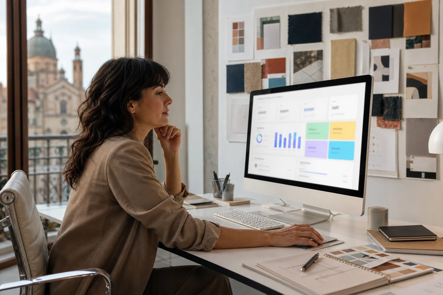 W-8BEN-E per le agenzie su Fiverr — una direttrice creativa di una piccola agenzia di marketing a Padova consulta una dashboard dei pagamenti Fiverr Business su un grande monitor, con una moodboard di campioni di tessuto e mockup di branding appesa vicino