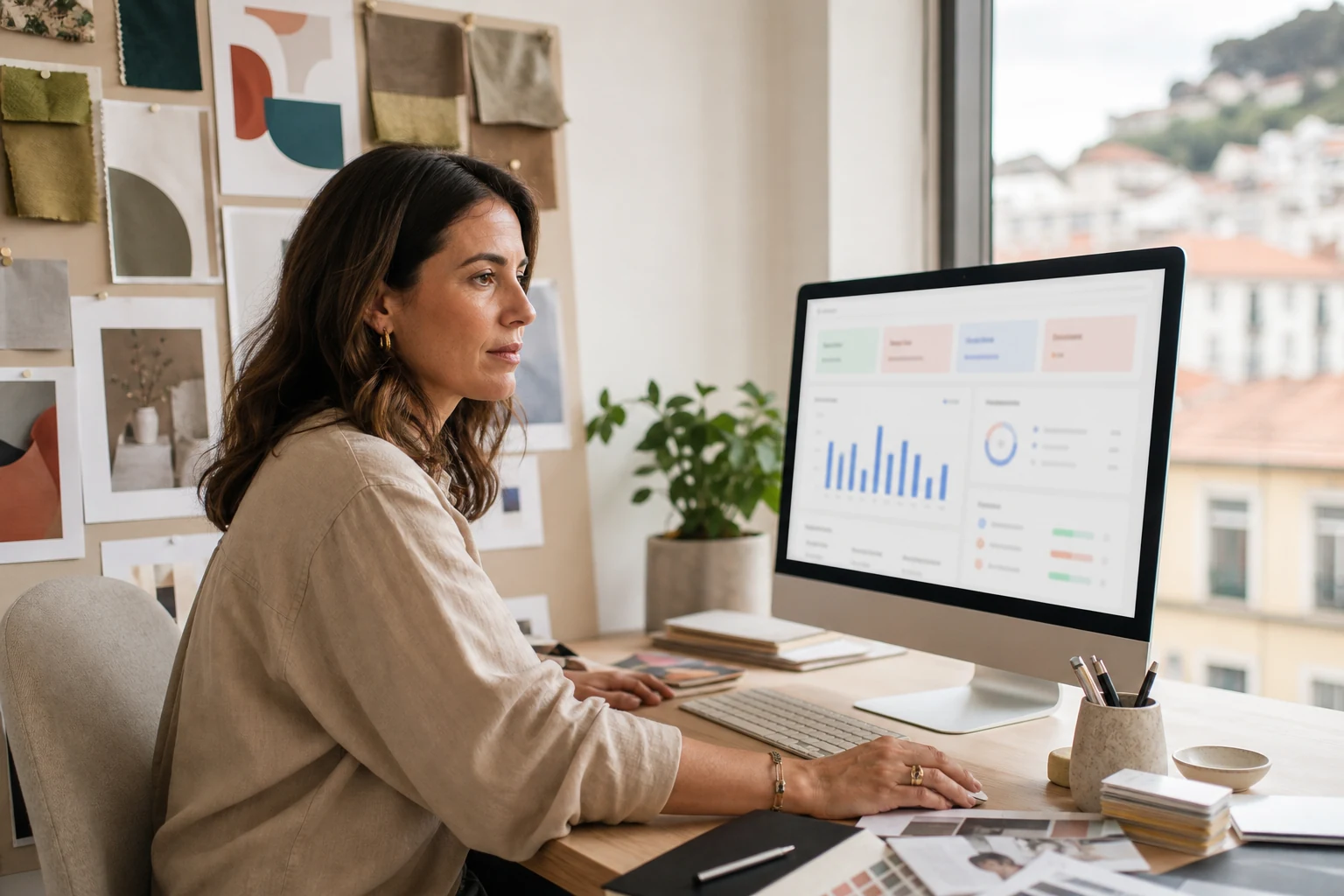 W-8BEN-E para agências no Fiverr — uma diretora criativa de uma pequena agência de marketing em Setúbal a analisar um painel de pagamentos do Fiverr Business num monitor grande, com um moodboard de amostras de tecido e maquetes de marca pendurado ao lado