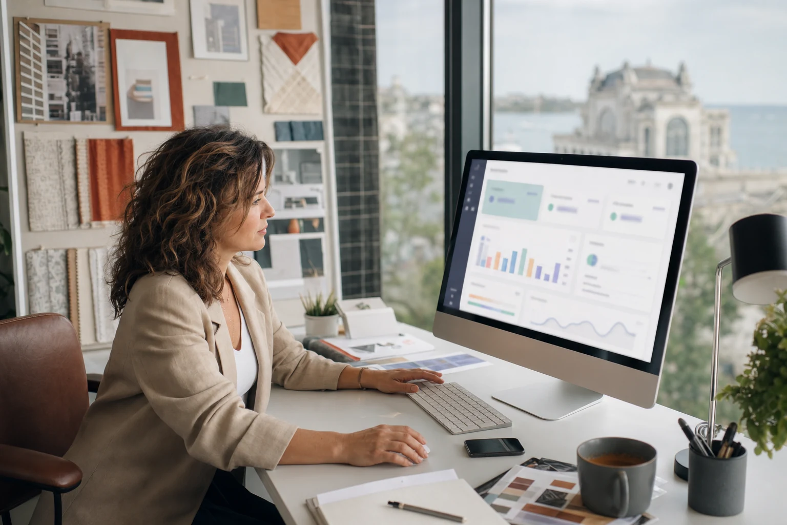 W-8BEN-E pentru agențiile de pe Fiverr — o director creativ al unei mici agenții de marketing din Constanța verifică un tablou de bord al plăților Fiverr Business pe un monitor mare, cu un moodboard cu mostre de material și machete de branding prins alături